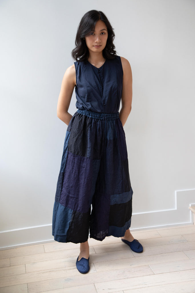 Risa Nakamura | Matsukaze Wide Patchwork Trousers in Dark Blue