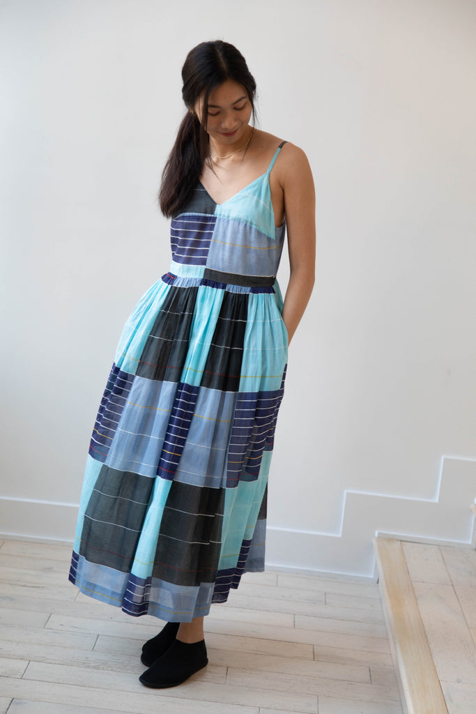 Eka | Caprice Dress in Checked Tonal Blue Cotton