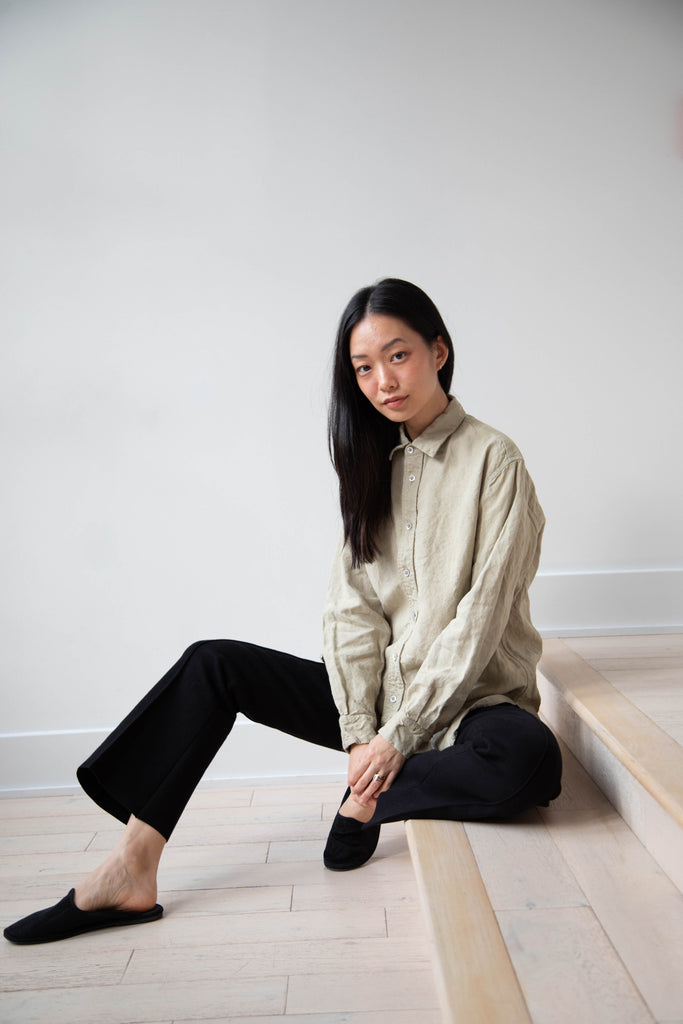 Oliver Church | Scallop Shirt in Olive Antique Linen