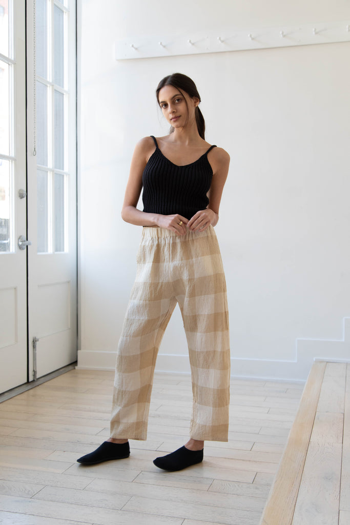 Apuntob | Long Straight Trousers in Natural Vichy Linen