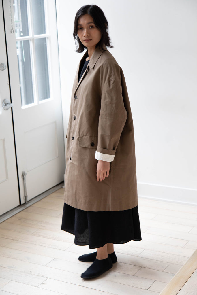 Evan Kinori | Big Coat in Dark Khaki Waxed Cotton