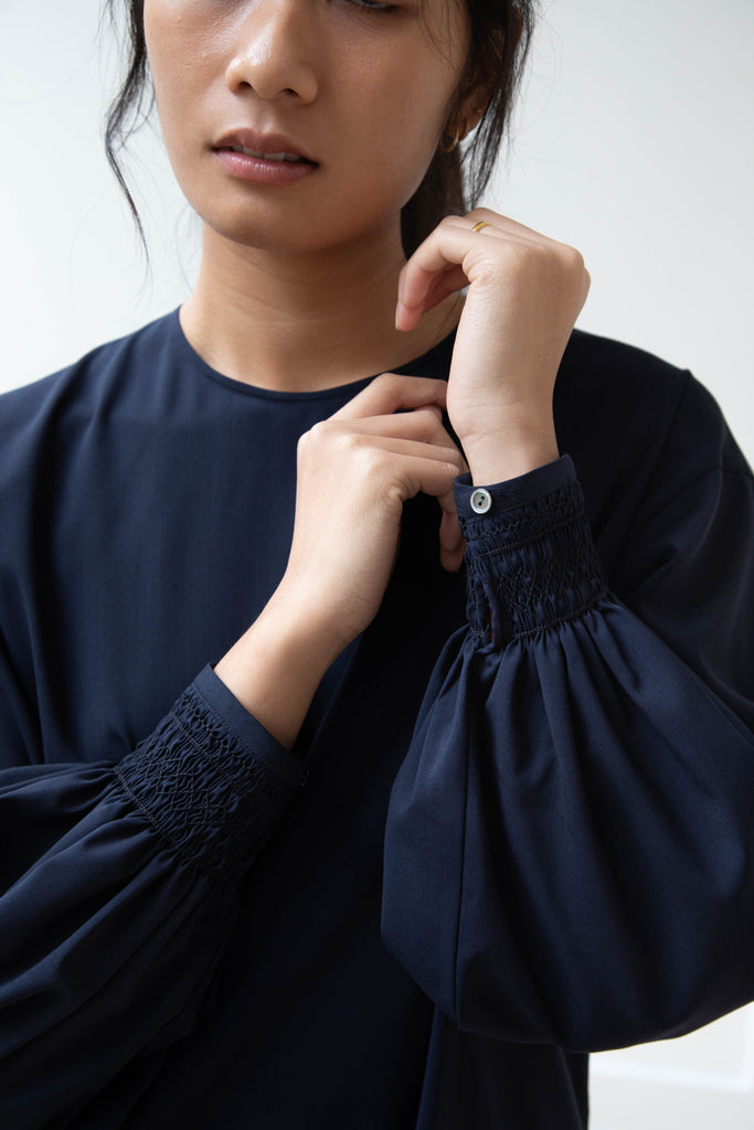 Arts & Science | Smocking Sleeve Blouse in Navy Tropical Wool