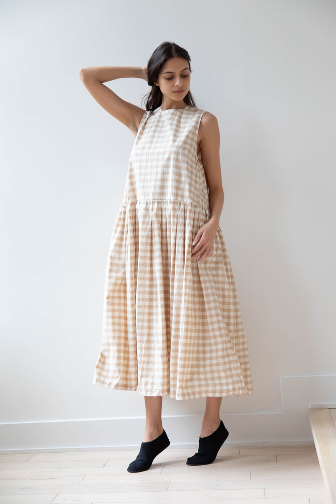 Gauze | Gingham Sleeveless Dress in Beige & White