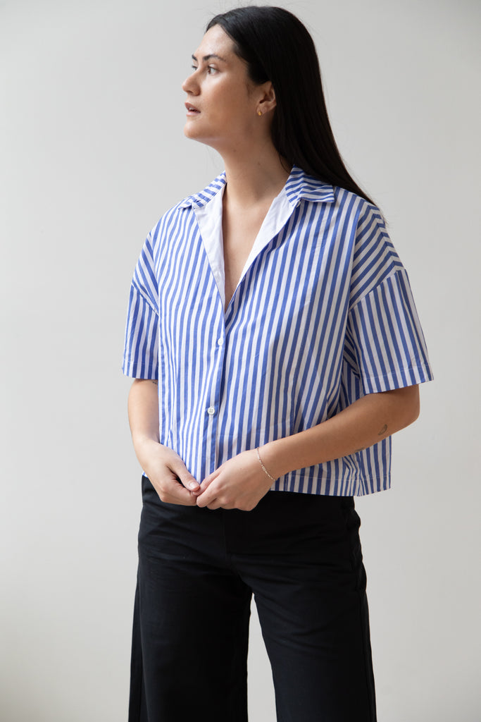 Gallego Desportes | Short Sleeve Button Up in Blue Stripes