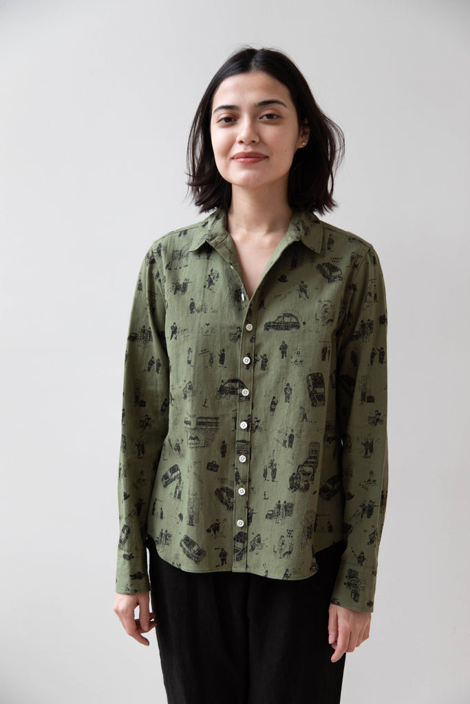 Old Man's Tailor | Small Collar Shirt in "Where is My Dog?" Print in Khaki