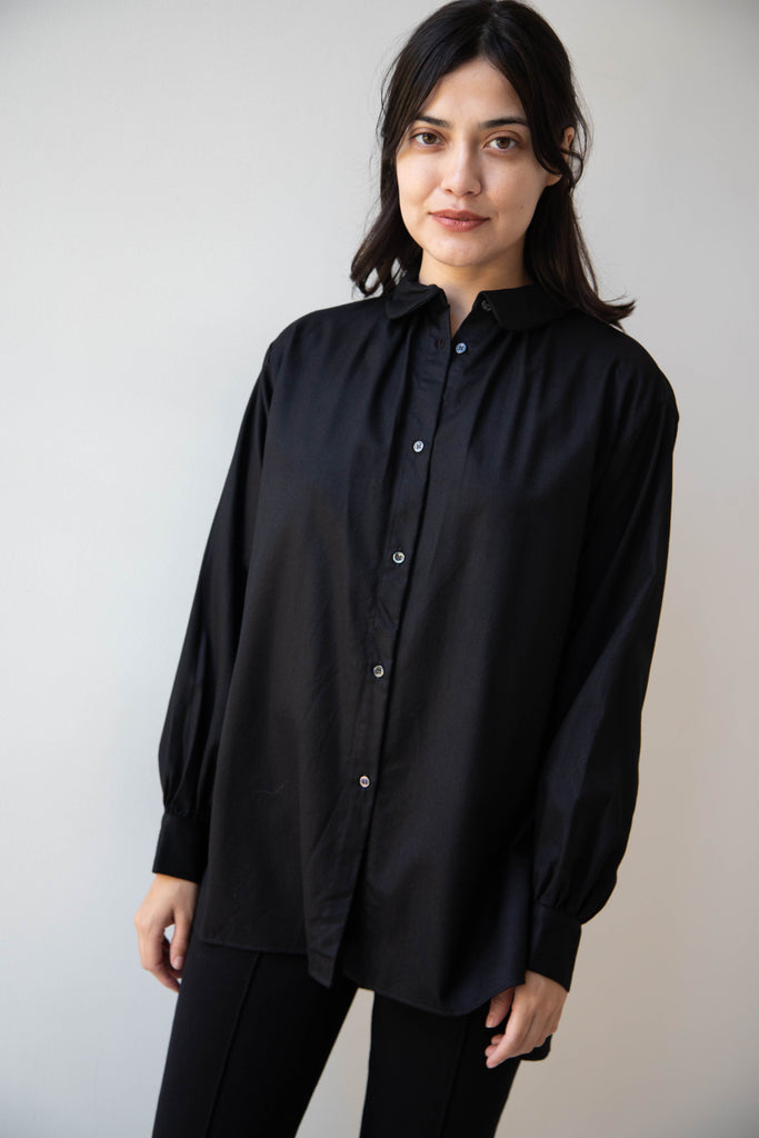 Gallego Desportes | Round Collar Shirt in Black Wool