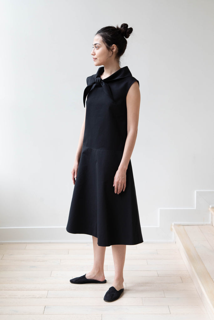 Margaret Howell | Neck Tie Dress in Black Cotton Silk
