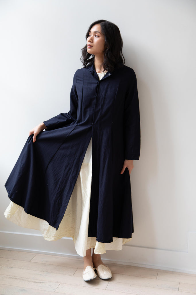 Risa Nakamura | Black Kohaze Flared Coat in Dark Blue