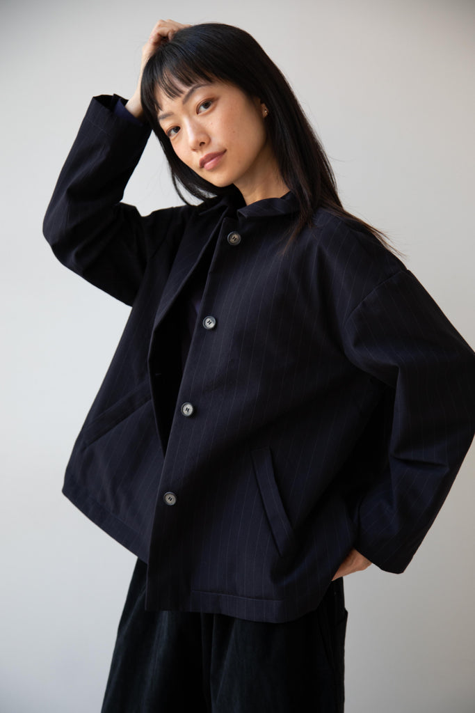 Bergfabel | Uli Jacket in Navy Stripe Wool