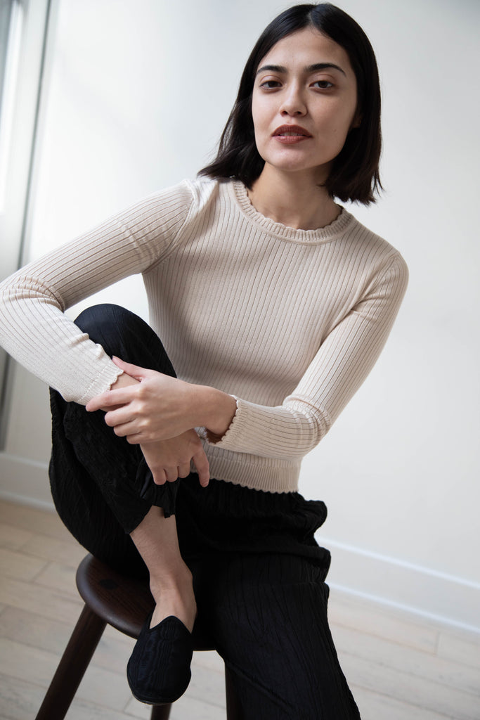 Une Heures | Long Sleeve Scallop Top in Perle