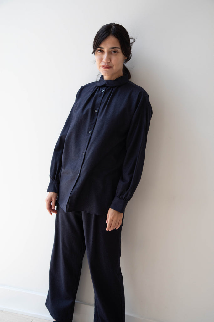 Gallego Desportes | Round Collar Shirt in Navy Wool