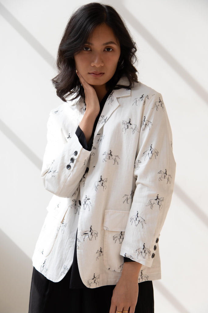Robe de Peau | White Blazer in Equestrian Print