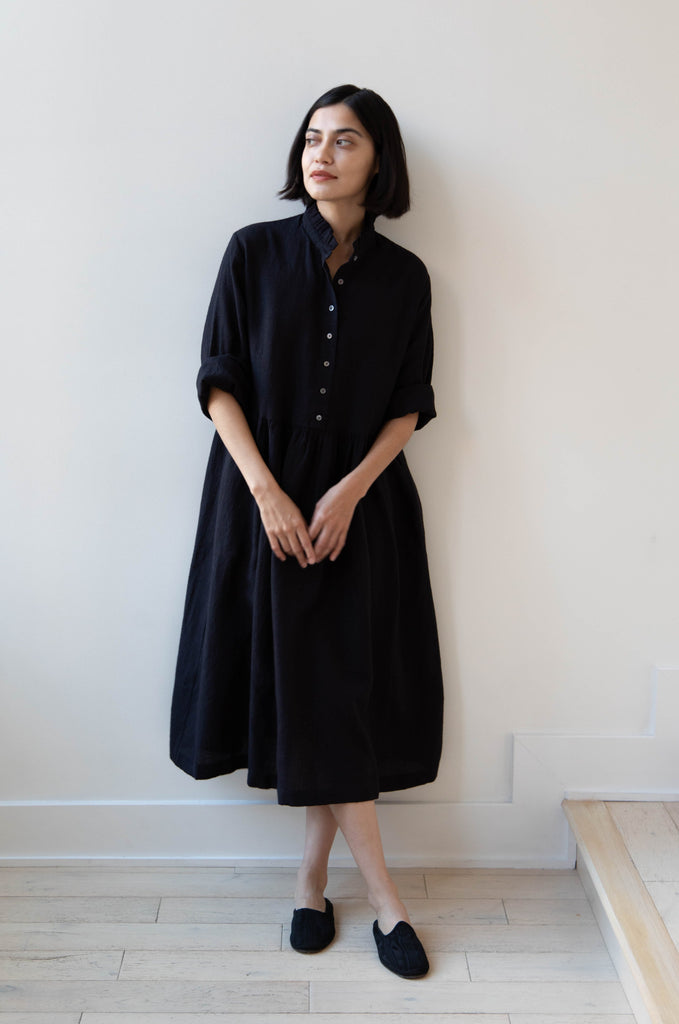 Soil | Button Front Wool Dress in Dark Navy