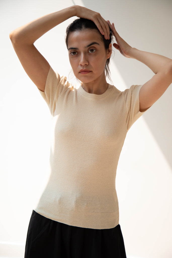 Old Man's Tailor | Ribbed Knit Half Sleeve Top in Natural