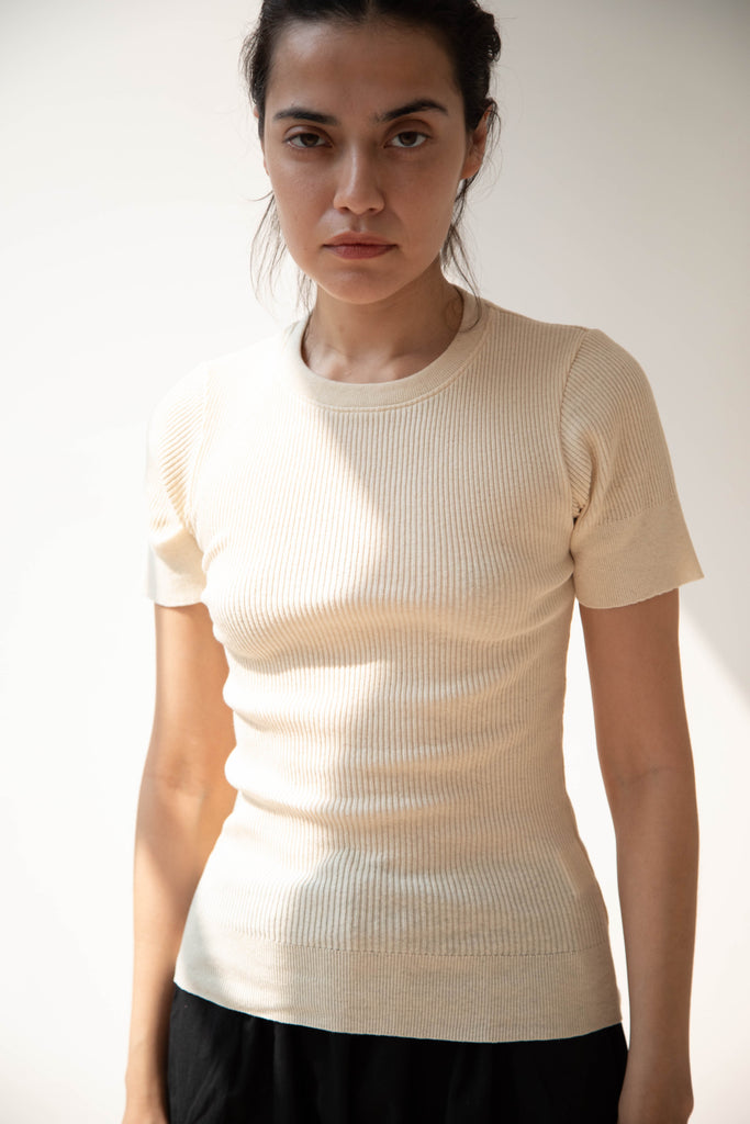 Old Man's Tailor | Ribbed Knit Half Sleeve Top in Natural