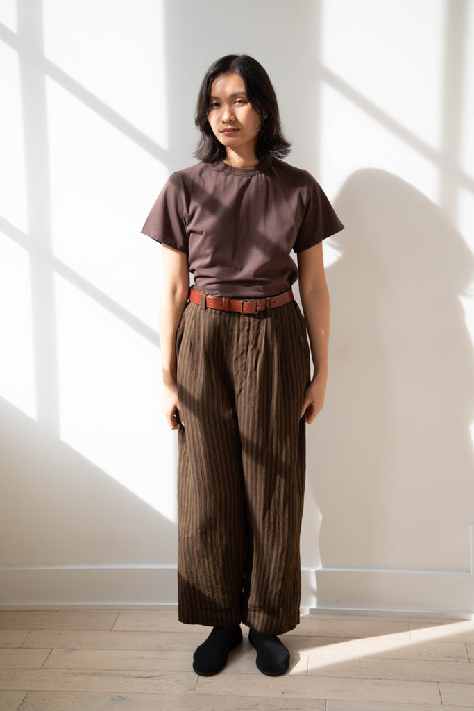 Evan Kinori | Two Pleat Pant in Overdyed Linen Herringbone Stripe