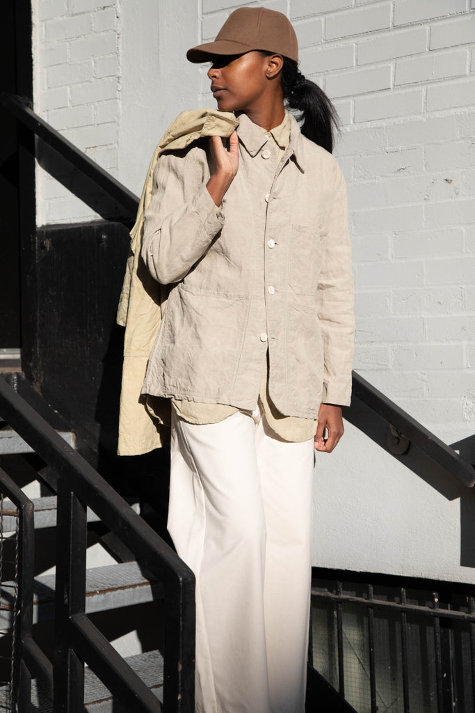 Oliver Church | Three Pocket Jacket in Dusty Olive Antique French Linen