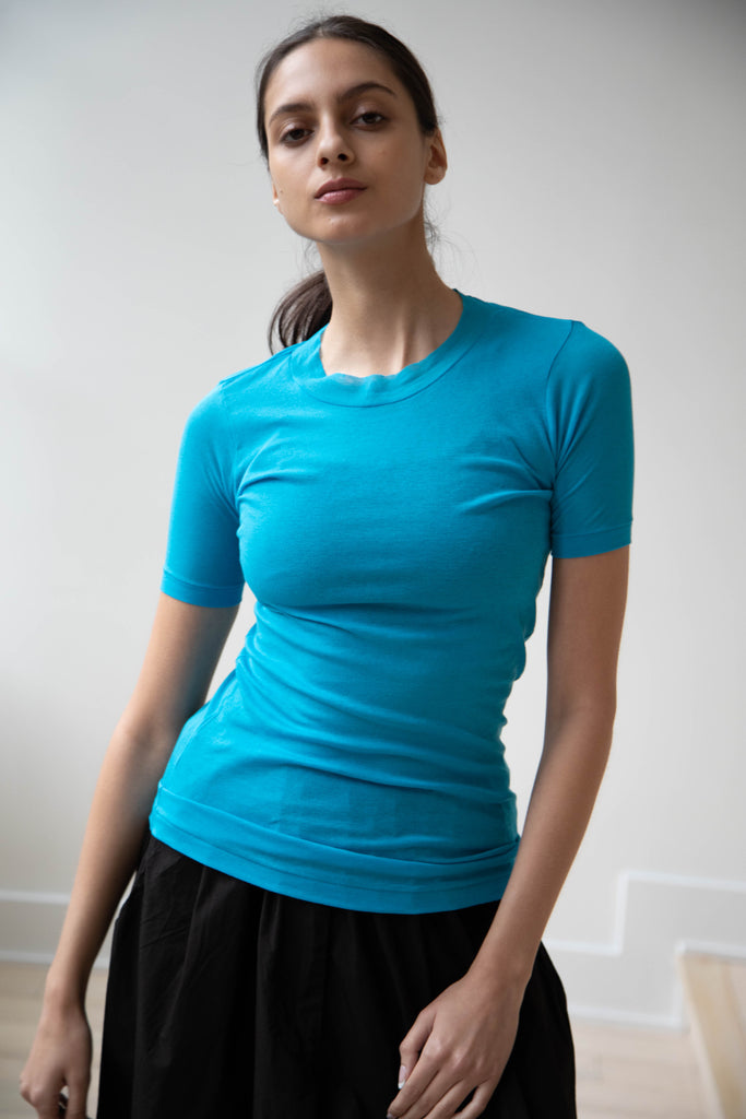 Auralee | Sheer Ribbed Tee in Turquoise Blue