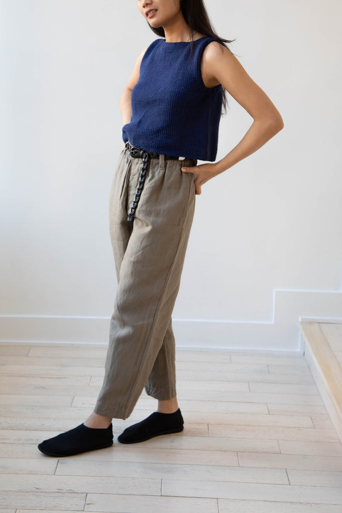 Evan Kinori | Elastic Pants in Tumbled Linen- Dark Beige