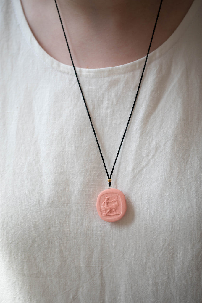 Marcie McGoldrick | Porcelain Cameo Pendant- Diana with Stag in Coral