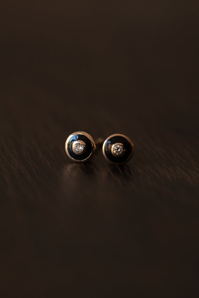 Hirotaka | Bird of Paradise Enamel Diamond Bird's Eye Stud Earrings Jet Black
