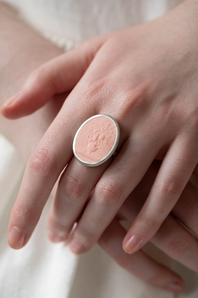 Marcie McGoldrick | Porcelain Cameo Ring- Vase with Flowers in Coral