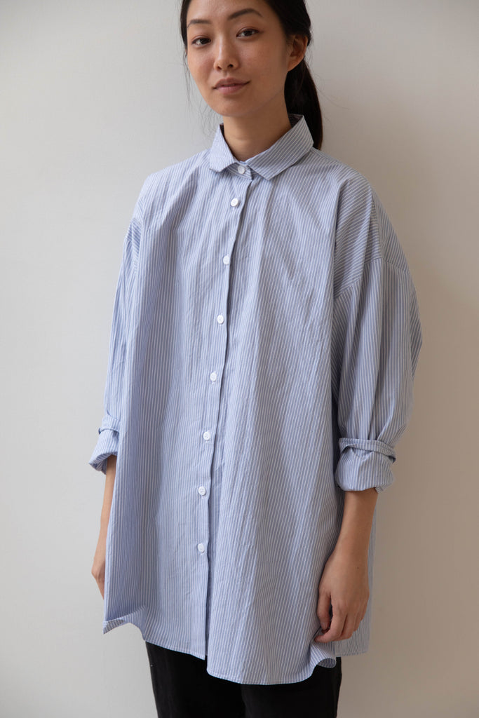 Bergfabel Long Overshirt in Grey Blue Stripes