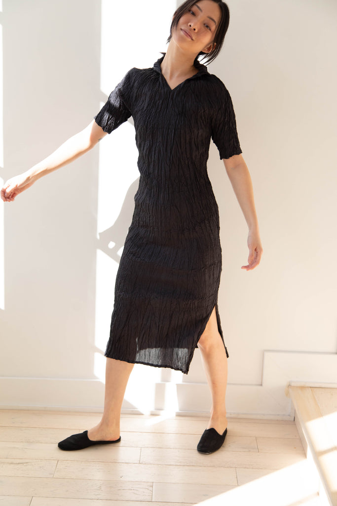 Anaak | Tula Polo Dress in Black Pleated Silk