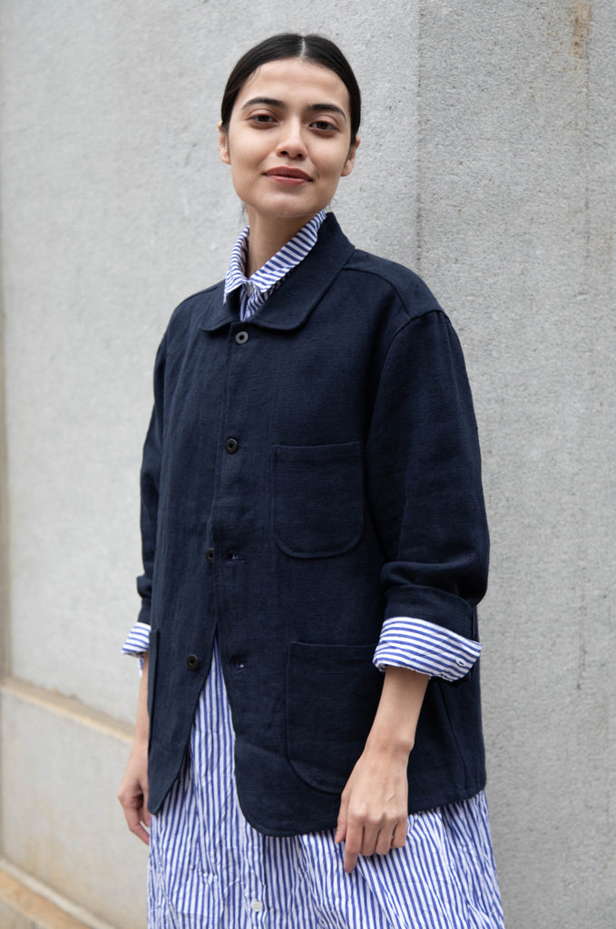 Evan Kinori | Three Pocket Jacket in Navy Butcher Linen