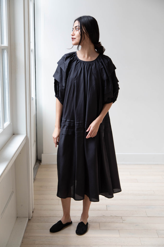 Anaak Rishi Pintuck Midi Dress in Black Silk