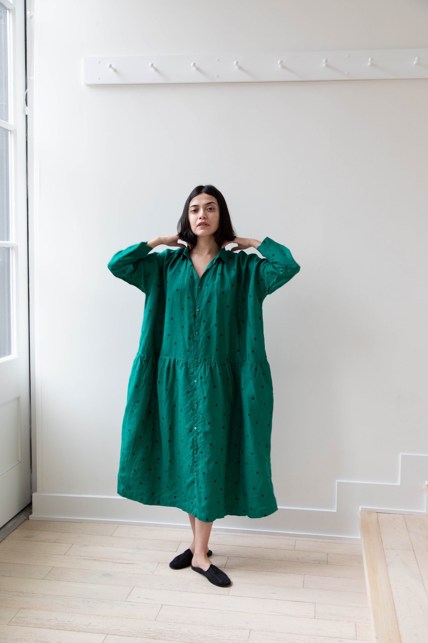 Ichi Antiquités | Gather Dress in Green Dots
