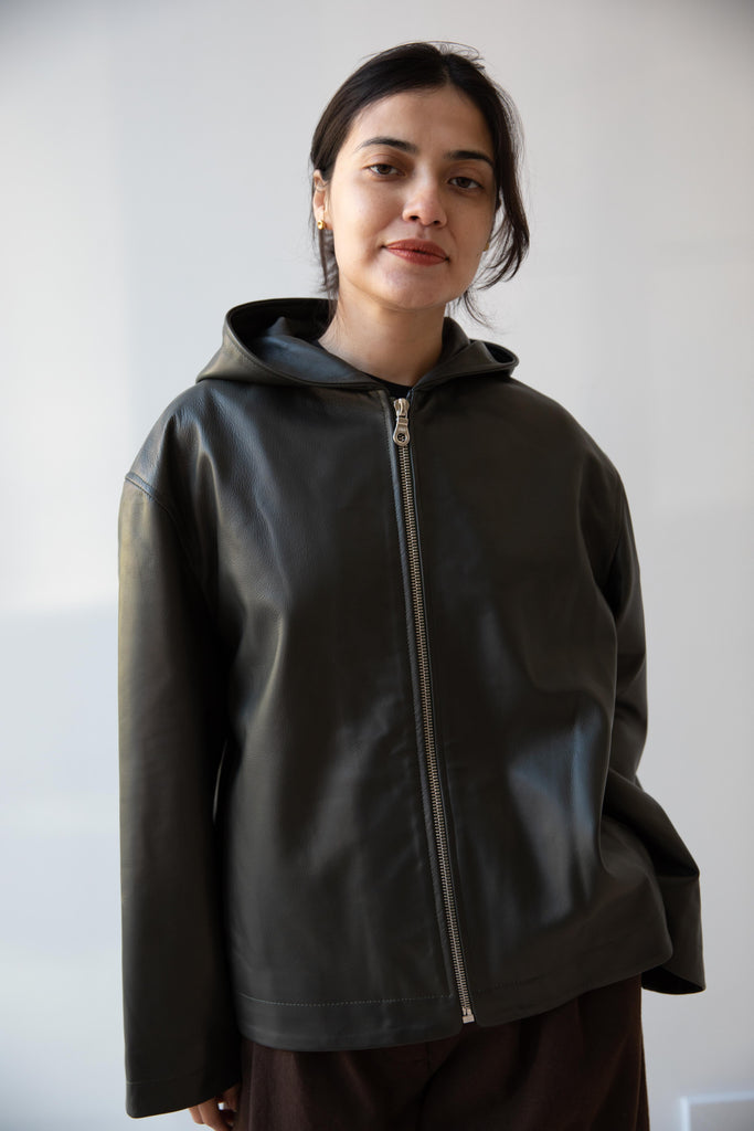 Cawley | Leather Zip-Up Hoodie in Olive