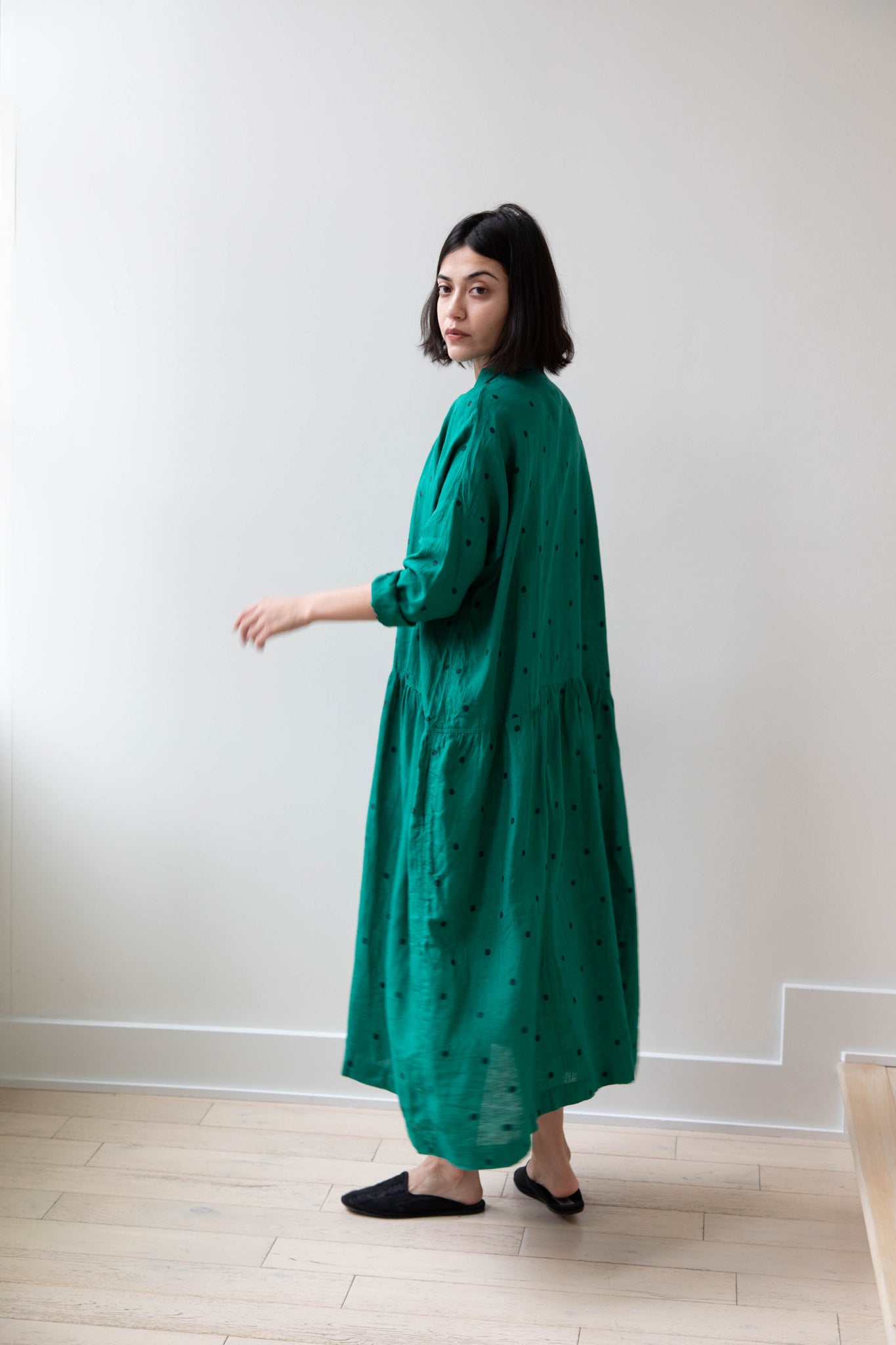 Ichi Antiquités | Gather Dress in Green Dots