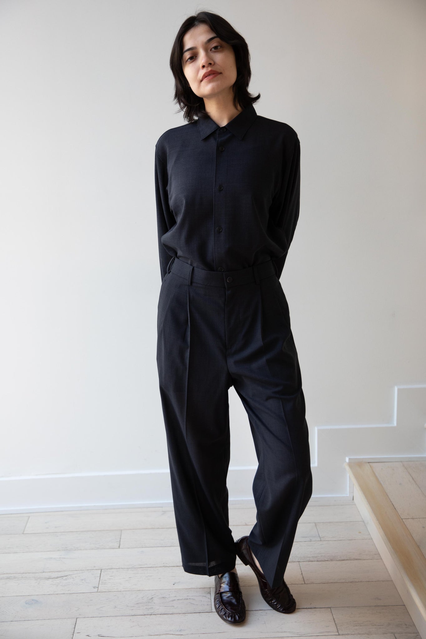rennes — Aton | Two Tuck Easy Pants in Navy Tropical Wool