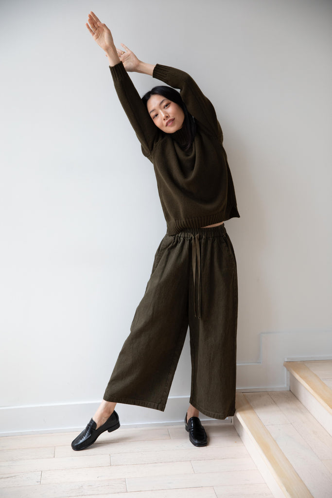 Pas de Calais | Cotton Linen Twill Cropped Wide Pants in Khaki