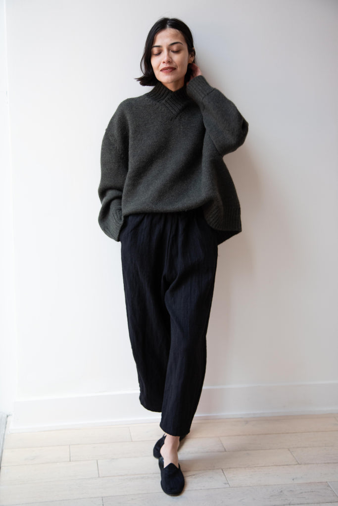 Apuntob | Pinstripe Wool Linen Trouser in Black