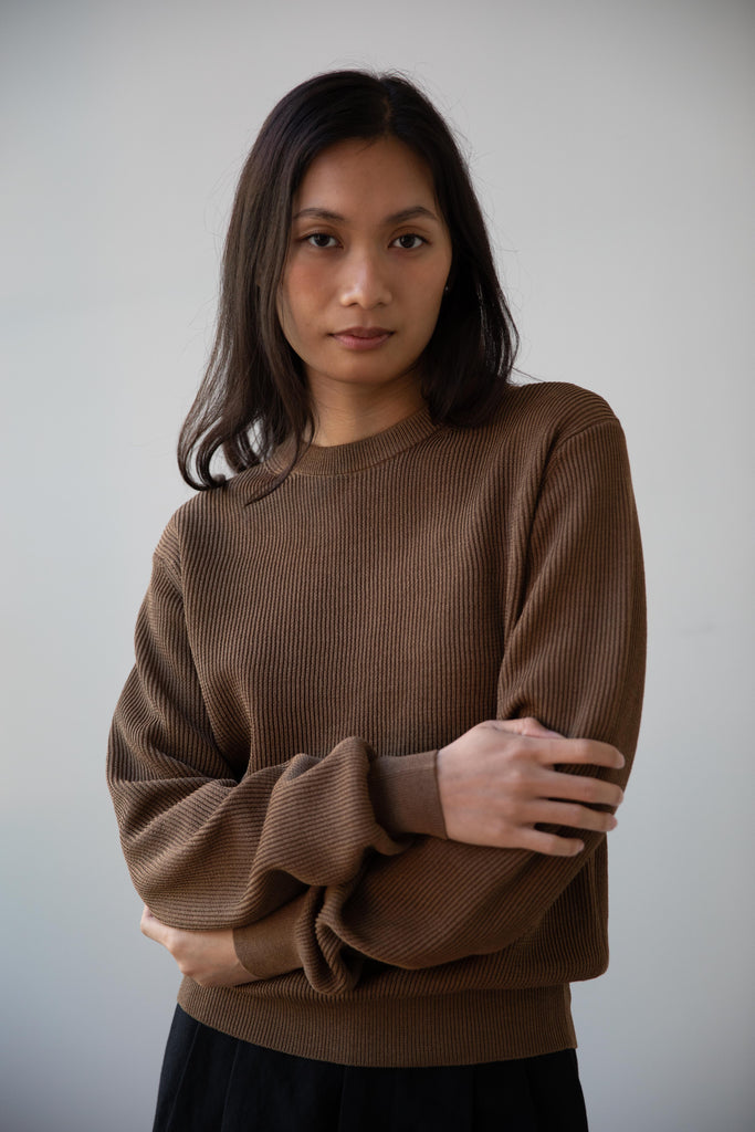 Auralee | Flat Yarn Rib Knit Pullover in Light Brown
