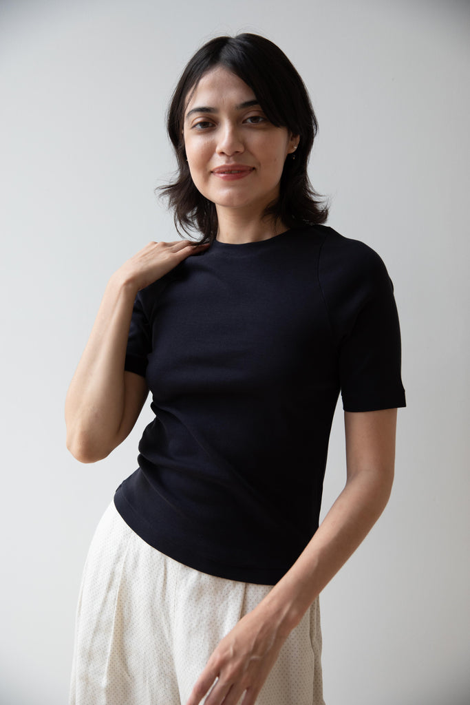 Auralee | Organic Cotton Fine Rib Tee in Dark Navy