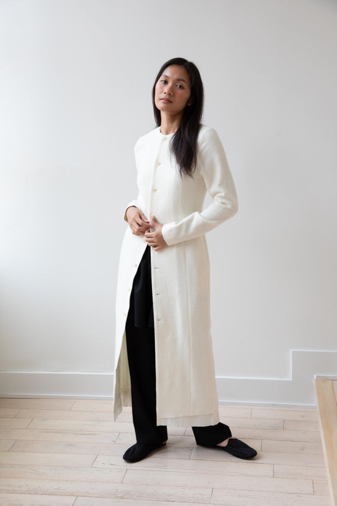 Auralee | Wool Silk Collarless Dress in Ivory White