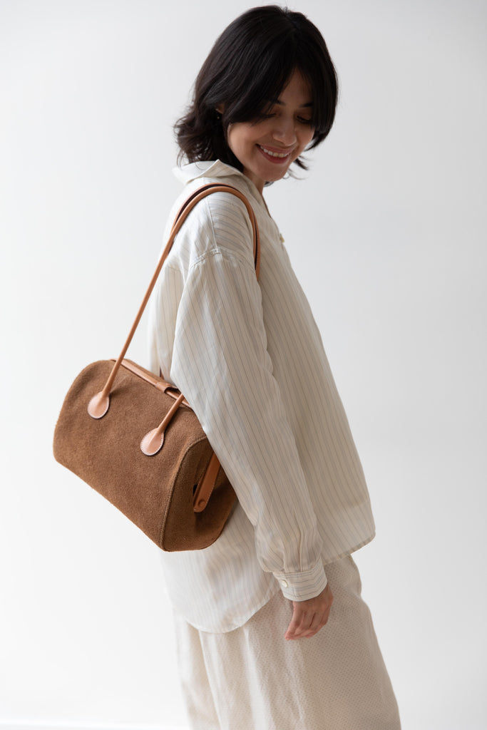 The Backward Vendor | Tanker Shoulder Bag in Brown Suede