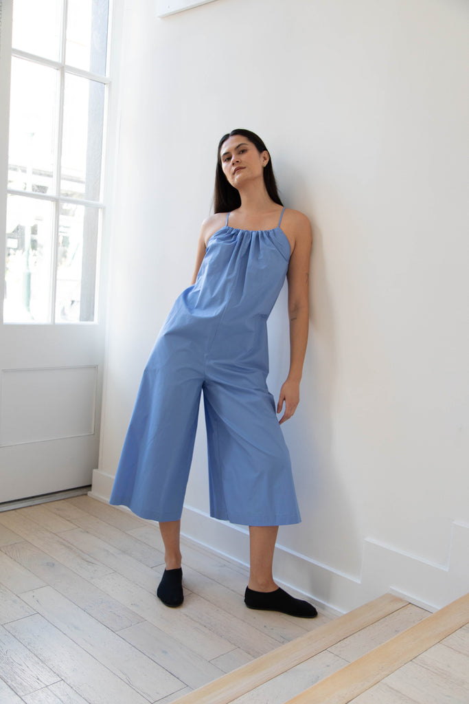 The Loom | Gathered Jumpsuit in Blue Cotton