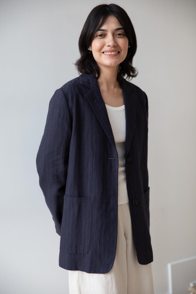 Margaret Howell | Relaxed Pinstripe Linen Blazer in Navy