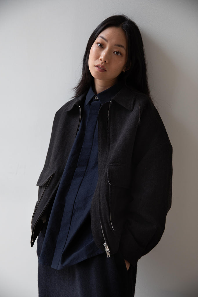 Evan Kinori | Zip Jacket Two in Black & Brown Wool Linen Herringbone
