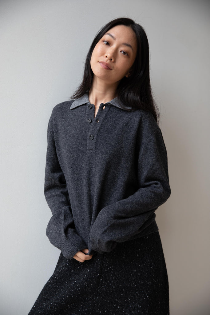 Evan Kinori | Yak Knit Polo in Charcoal & Light Grey
