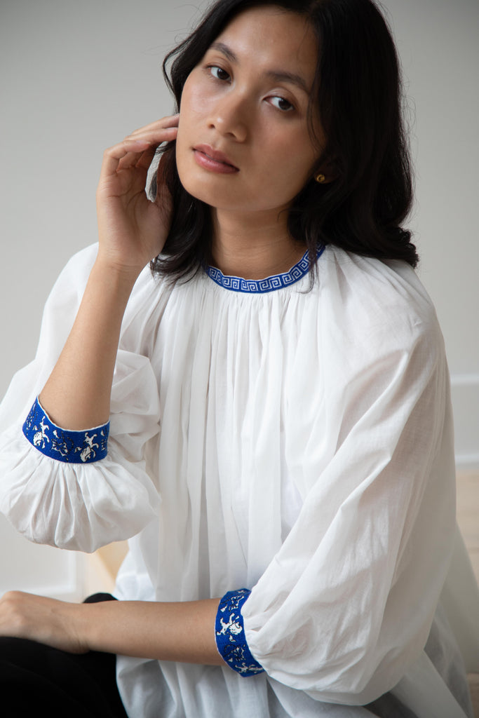 Old Man's Tailor | Embroidered Gathered Smock in White Cotton