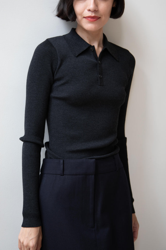 Auralee | Superfine Wool High Gauge Rib Polo in Charcoal