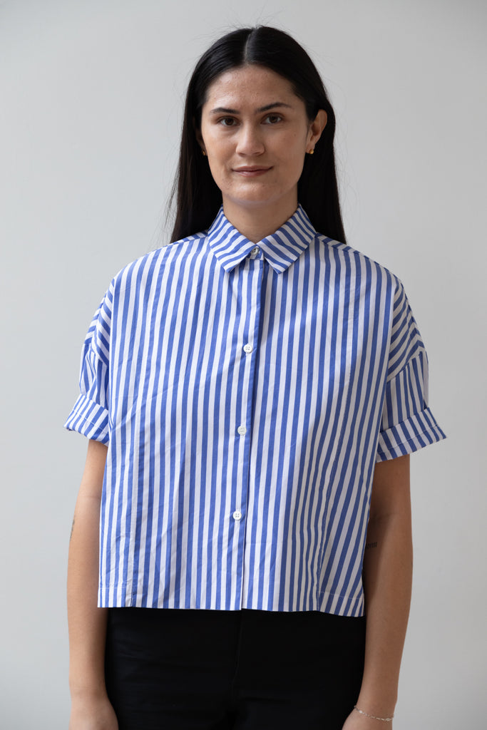 Gallego Desportes | Short Sleeve Button Up in Blue Stripes