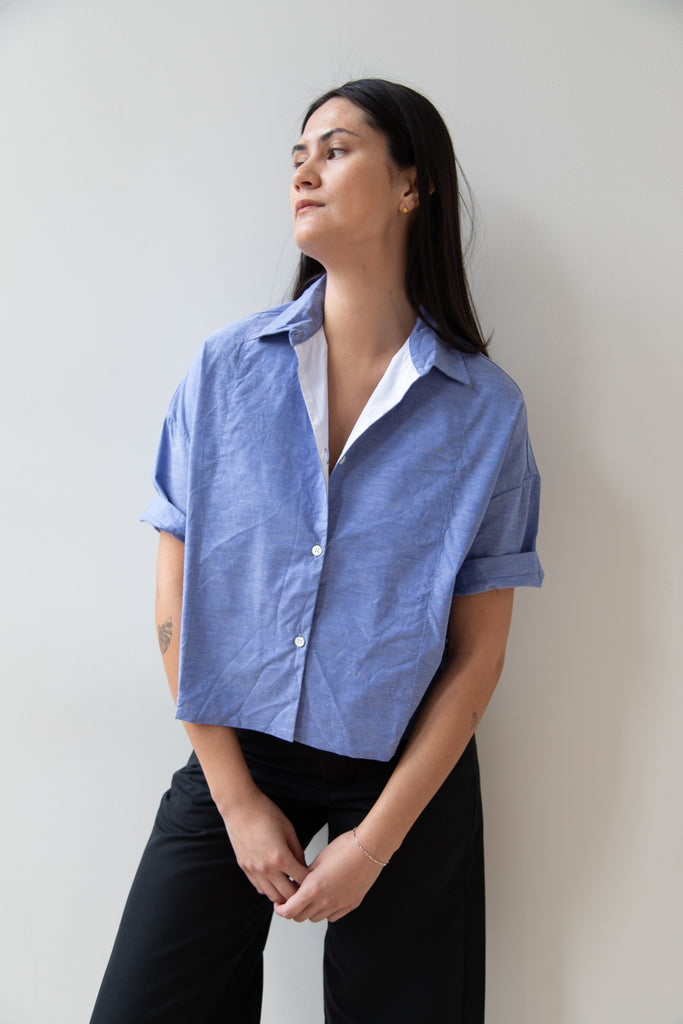 Gallego Desportes | Short Sleeve Button Up in Speckled Chambray