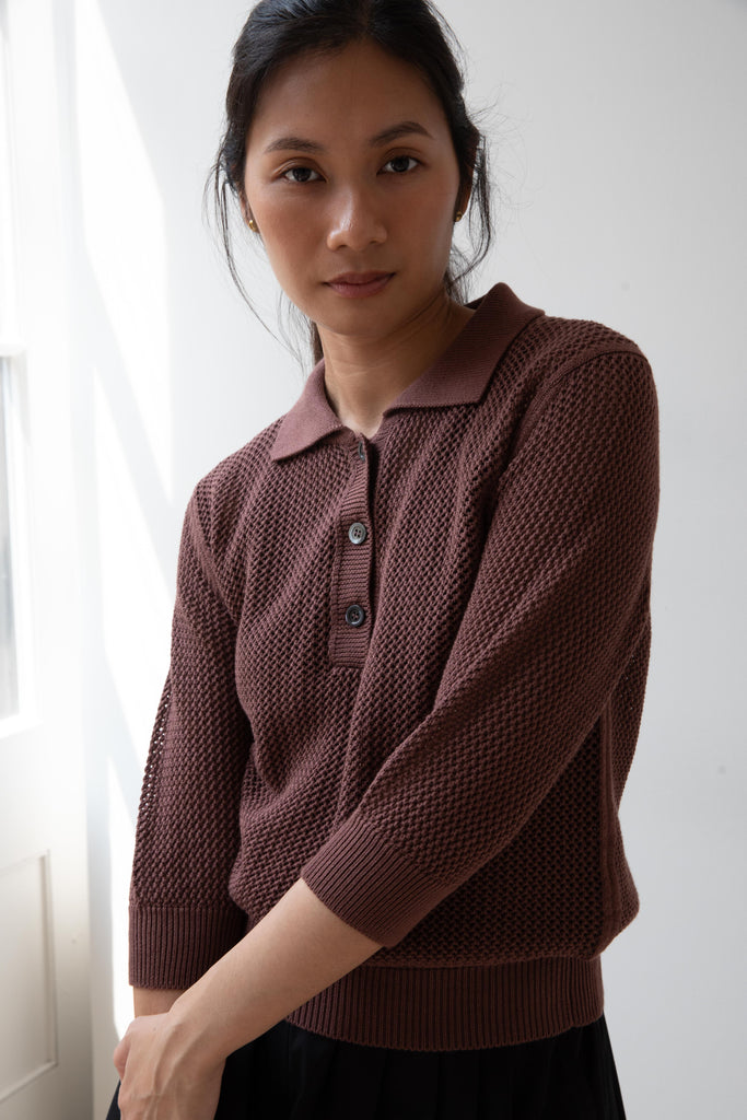 Margaret Howell | Pointelle Polo Shirt in Dark Clay