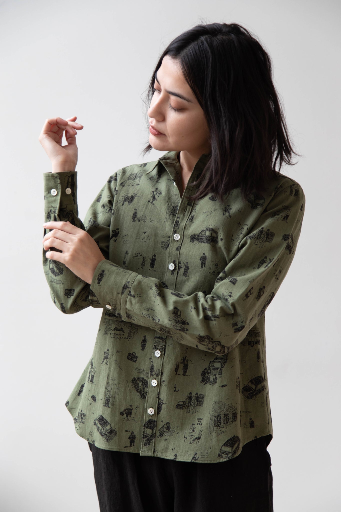 Old Man's Tailor | Small Collar Shirt in "Where is My Dog?" Print in Khaki